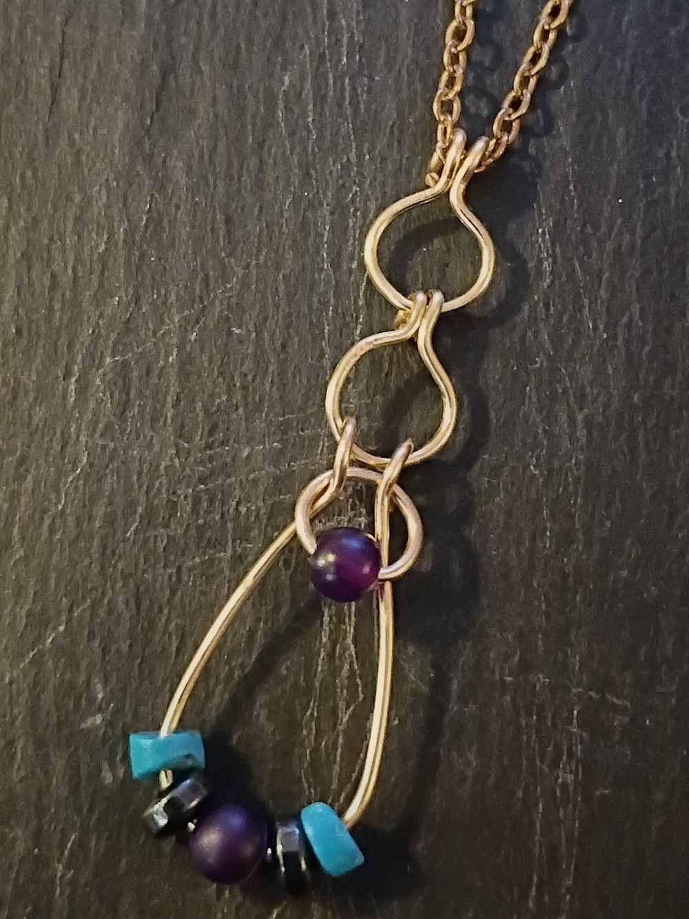 Handcrafted Gold-Tone Pendant Necklace with Purple and Turquoise Beads